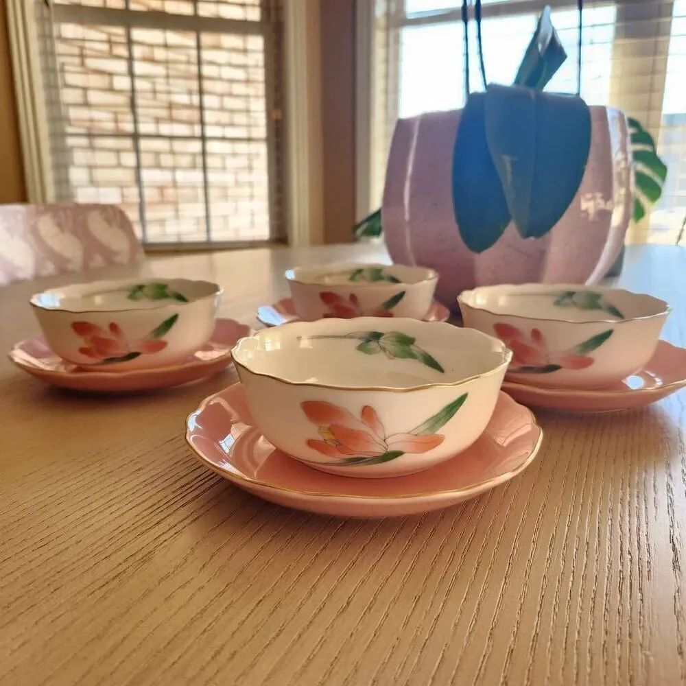 Vintage Japanese Arita ware dessert custard cups pastel cream pink floral set of